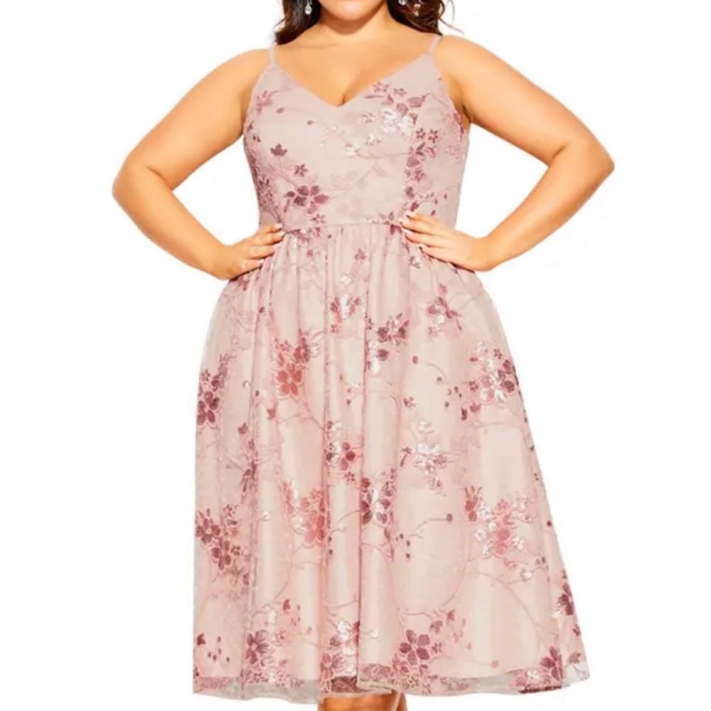 NWT City chic sequin ballet pink floral dress midi large/20 iridescent flowers